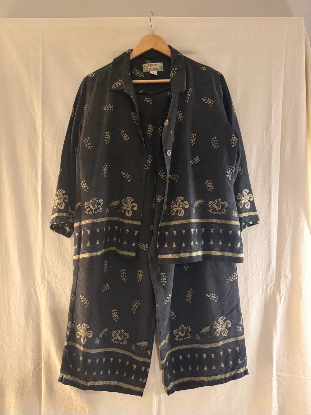 Tommy Bahama Black & Gold Floral 100% Silk Button Down Shirt and Pants Set